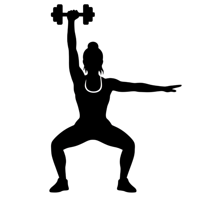 black logo of woman doing a squat with a dumbell above her head in her right hand, and the other arm being used for balance